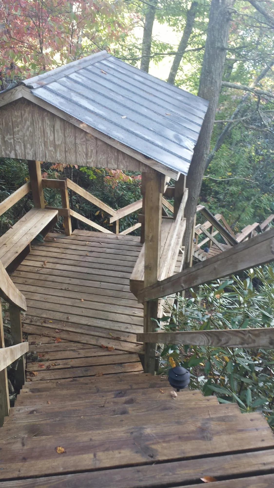 Metal roofed shelter over wooden steps on a wooded walkway — Skylight Repair & Installation work by our crew in Lomira
